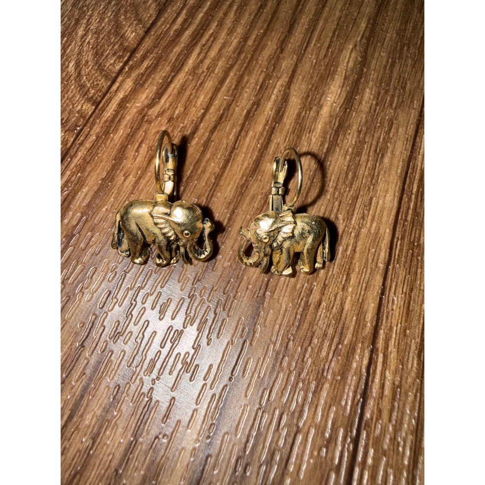Gold Tone Elephant Drop Earrings Leverback Whimsical Animal Jewelry Boho Style